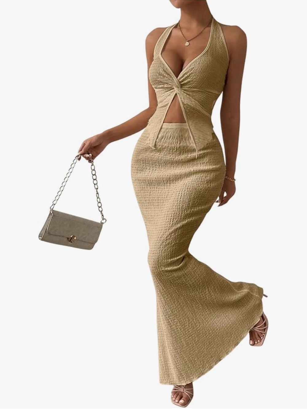 QJQ 2 Piece Outfits Summer Twist Front Halter Tank Tops Bodycon Large Long Maxi